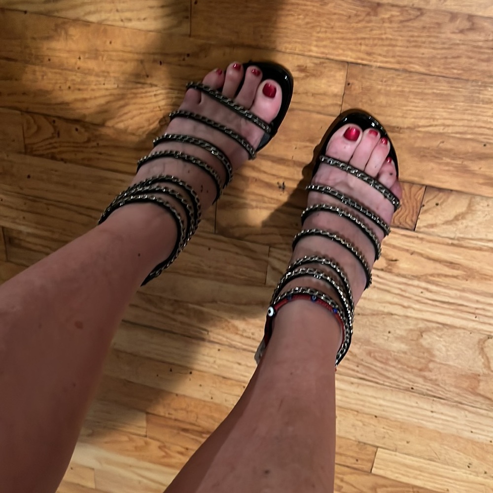 Stuart Weitzman size 10.5
black leather silver chain strappy heels back zip - Picture 14 of 14